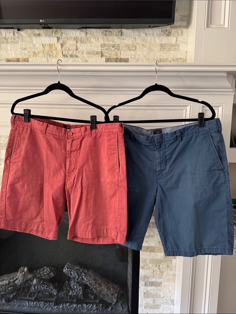 Pair of J. Crew Men's Shorts Red Classic Fit Chino and Navy Chino Shorts Size 38